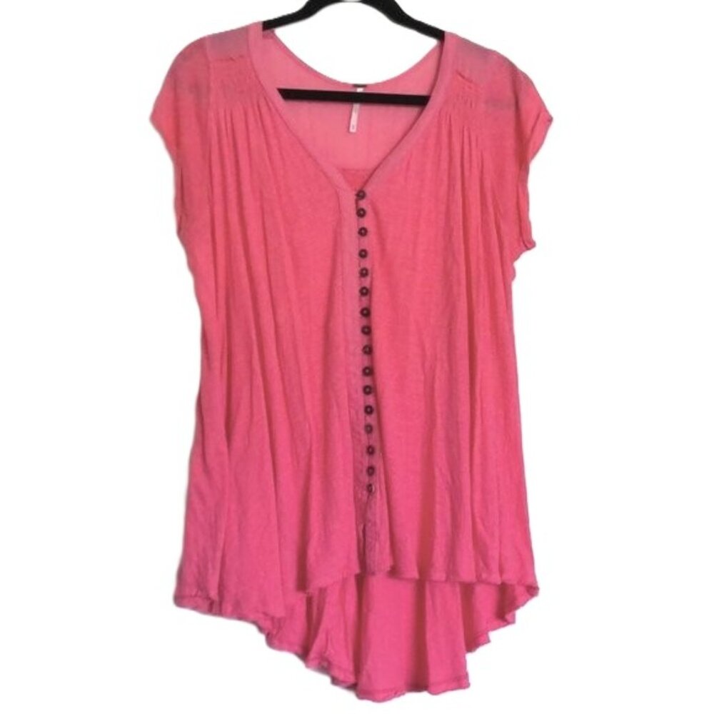 Free People Babydoll Top V-Neck Button Front Oversize Tunic Boho Coral EUC Sz XS